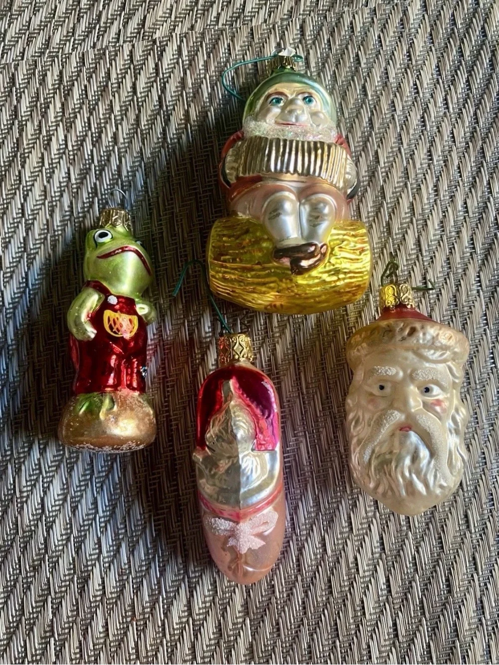 Vtg Blown Glass Ornaments Lot 4 Elf Gnome Radko Frog Santa Face  Kitten In Shoe